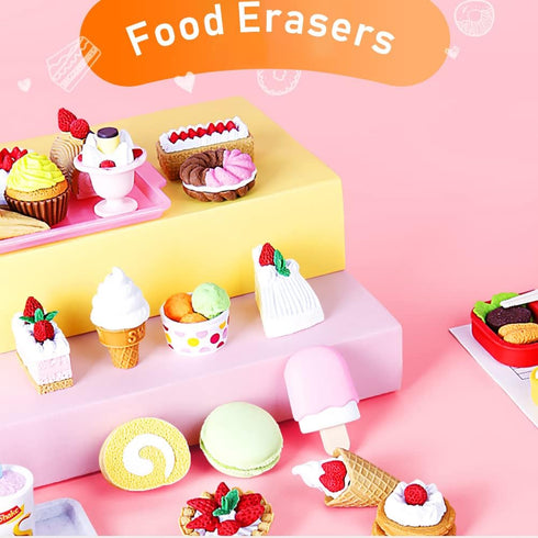 LanMa 70PCS Cute Food Erasers Set for Kids, Fruit Desserts Cake Puzzle, Classroom Prizes Party Gifts