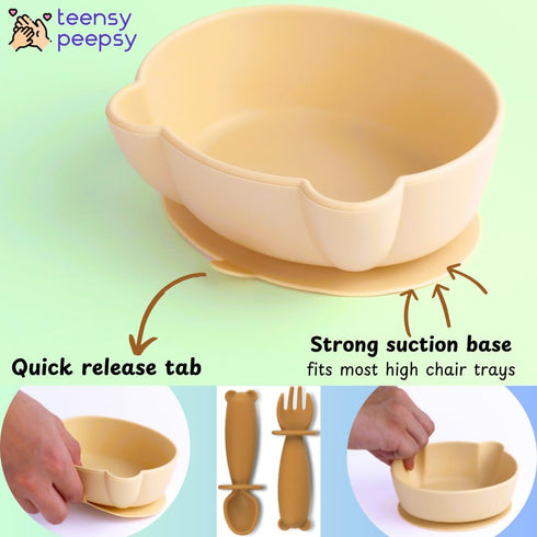 6+ Silicone Bear Shaped Baby Bowl with Suction, Spoon & Fork for Babies Months, Infant Feeding BLW Baby Essentials Must
