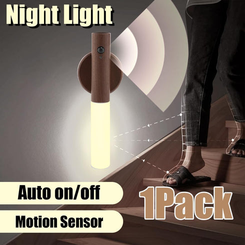 2-Pack Set, LANDGOO Magnetic Night Light with Motion Sensor, Walnut Wood Cylindrical Rechargeable LED Lamp White Light