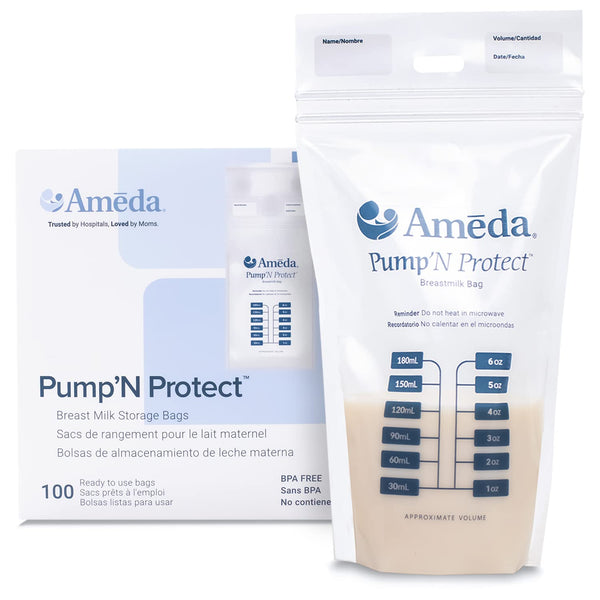 Ameda Pump'N Protect Breastmilk Storage Bag 6oz | 100 Count | BPA Free Bags for Refrigerator or Freezer, Breastfeeding