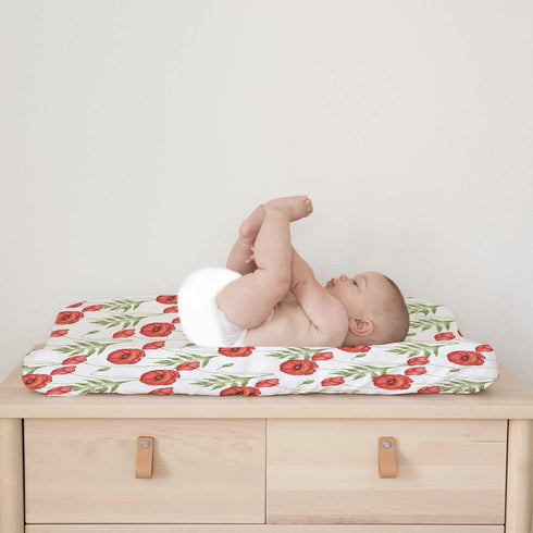 Boho Retro Poppy Flowers Changing Pad Covers, 32''x16'' Red Poppy Floral for Boy Girl, Soft Breathable Sheets