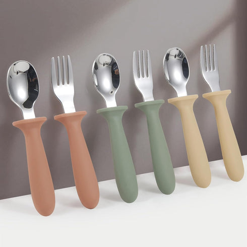 6 Pack Toddler Utensils, kids Silverware with Silicone Handle, 18/8 Stainless Steel Children Safe Spoons and Forks Set Baby Feeding Essentials, Dishwasher Safe by Eascrozn