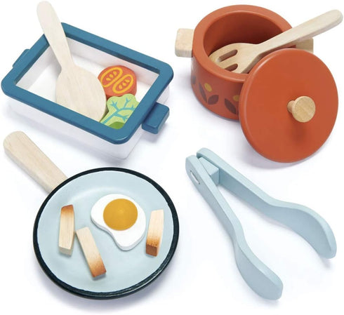 Tender Leaf Toys - Pots and Pans, 13 Pcs Wooden Pretend Cooking Playset, Play Kitchen Cookware Accessories for Kids