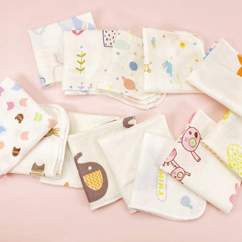 hejhncii 10Pcs Set Baby Washcloths Cute Cartoon Print Double Layer Gauze Infant Face Towel Reusable Wipes Absorbent