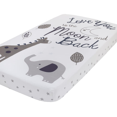 NoJo Love You to The Moon Fitted Crib Sheet, 100% Cotton Grey and White Elephant and Giraffe Nursery Photo Op