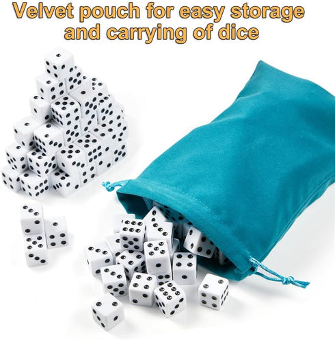 SLSESIN 100 Set, 16MM Pieces Dice Standard Game White Dices, Opaque Six Sided Dice with Pouch, Black Dot Bulk White