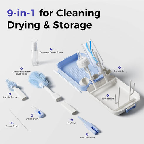 Set, 9-in-1 Bottle Brush Bottle Cleaner Kit, Includes Bent Neck Bottle Brush, Nipple Cleaning Brush, Straw Brush, Soap