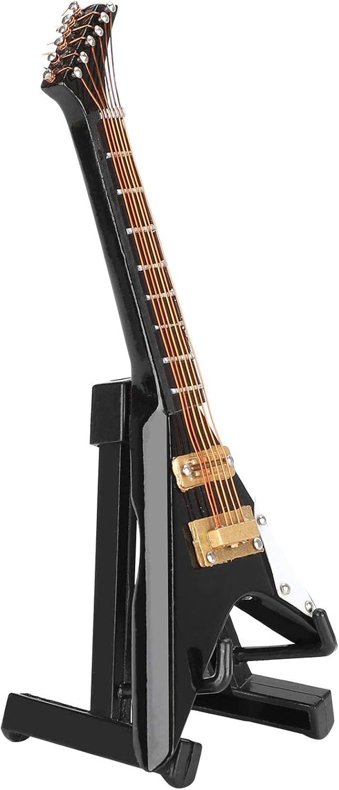 Pssopp Wooden Miniature Electric Guitar, Mini Black Dollhouse Guitar Model with Stand and Case