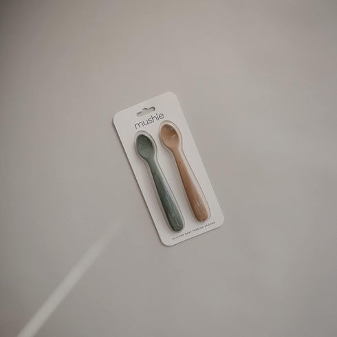 mushie Silicone Baby Feeding Spoons, 2 Pack (Dried Thyme/Natural)