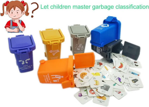 Kids Garbage Classification Toy Vehicles, 6 Trash Cans + 100 Cards Garbage Truck
