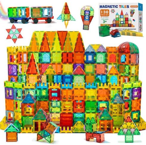 EchoPlan 130PCS Magnetic Tiles with 2 Cars, 3D Clear Building Blocks Set for Kids 3-9+ Years Old