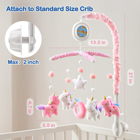 (100+ Unicorn Baby Crib Mobile for Girls with Music Box Lullabies), Rotating Plush Crib Toys for Newborns, Infant, Baby