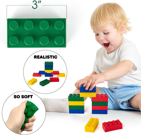 ArtCreativity Building Block Stress Relief Toys for Kids, Set of 12, Stacking Foam Squeeze Toys in 4 Colors