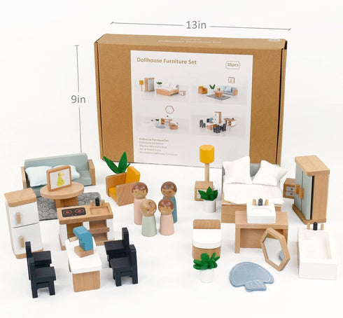 PairPear Wooden Toys Dollhouse Furniture Playset - 35 Piece Furnitures with Family Dolls, Doll House Accessories for