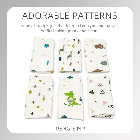 PENG'S M Muslin Baby Burp Cloths, 6-Pack Organic Cotton Washcloths, 20 by 10 Inches, 6 Layers Super Soft Funny Forest