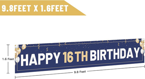 Happy 16th Birthday Banner Blue, Large 16th Bday Sign for Outdoor Decoration (9.8 x 1.6 feet)
