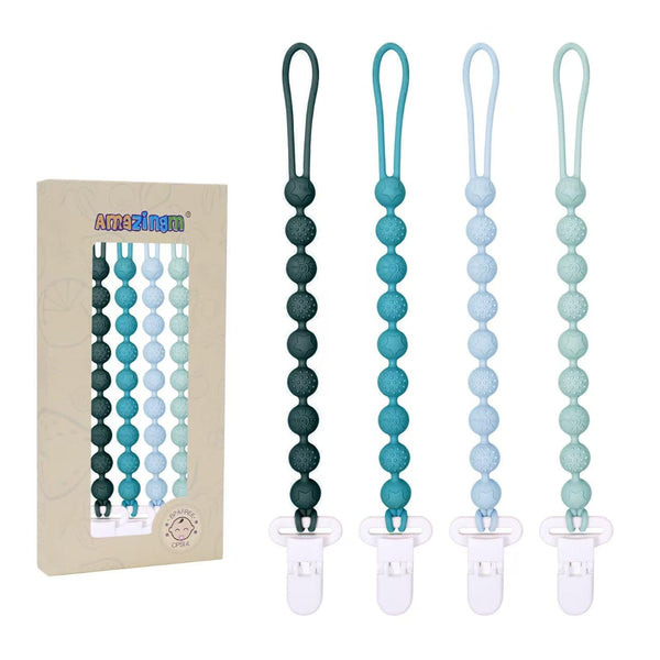 4 Pcs Green Baby Silicone Teething Pacifier Clip,One-piece Design,Round Shape,Textured Surface,BPA Free.