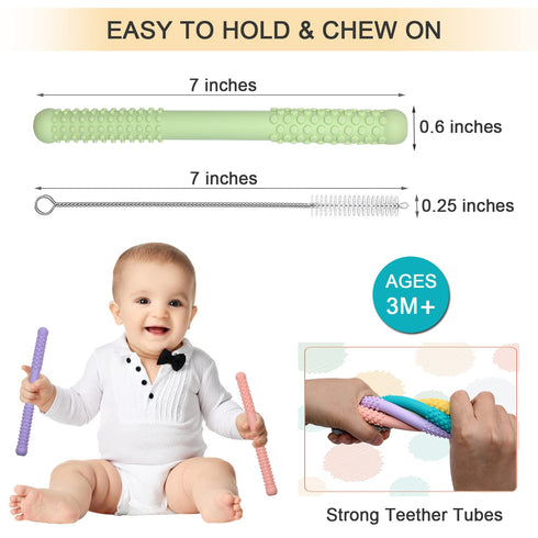 Hollow Teething Tubes Toys for Babies, 5 Pack Silicone Teether Toy Tube for Infants 6-12 Months