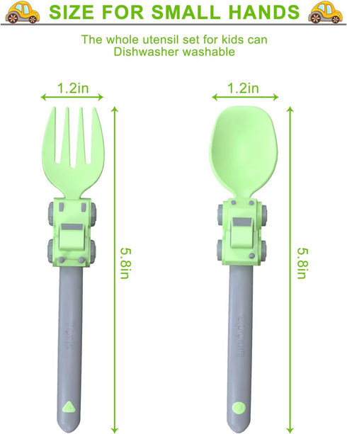 Construction Toddler Utensils, Portable Forks and Spoons Set for Ages 1-5, Green