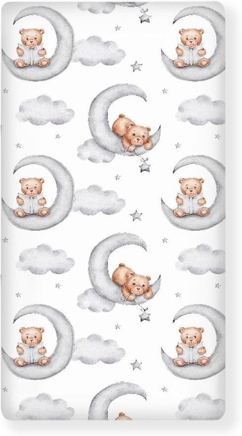 QINBEIDU Teddy Bears Fitted Crib Sheet Watercolor Moon Star Clouds Standard Crib Mattress