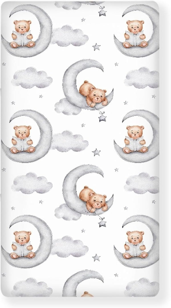 QINBEIDU Teddy Bears Fitted Crib Sheet Watercolor Moon Star Clouds Standard Crib Mattress