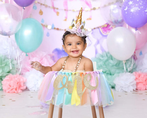 1st Pastel Rainbow High Chair Banner for Birthday - Party Supplies with Tutu Skirt and Pennant