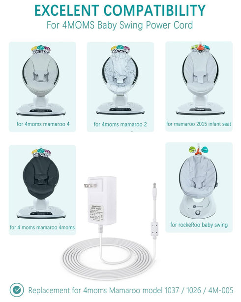 12V 3A Power Cord for 4moms mamaRoo 2/4 - Replacement AC Adapter Charger for Rockaroo Baby Swing