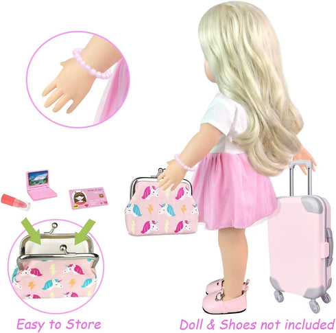 BNUZEIYI 17Pcs 18 Inch Girl Doll Clothes and Accessories Travel Play Set with Pillow and Camera for Girls