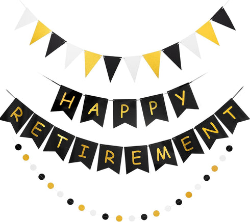Happy Retirement Banner, GAGAKU Black and Gold Party Decorations Kit, Gold Glitter Paper Pennant for Farewell