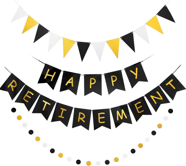 Happy Retirement Banner, GAGAKU Black and Gold Party Decorations Kit, Gold Glitter Paper Pennant for Farewell