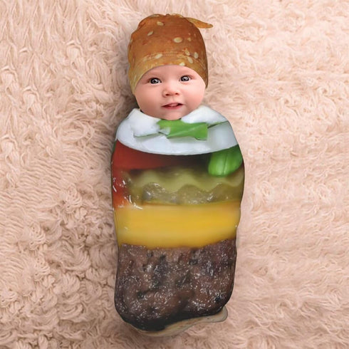 Qiankang 3D Sets Funny Hamburg Newborn Swaddling Blanket Beanie Hat Soft Baby Receiving Funny Food Blanket Soft