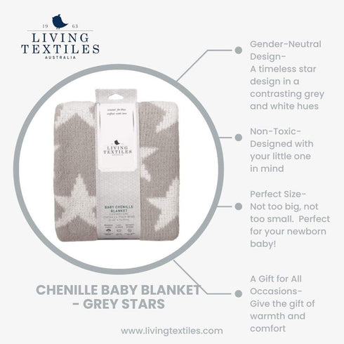Living Textiles Grey Stars Chenille Soft Baby Blanket, Reversible Premium Cozy Fabric for Infant, Toddler, Newborn,