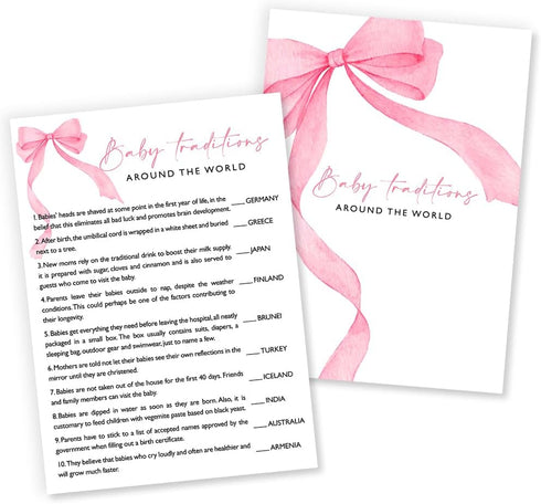 Baby Traditions Around The World Shower Game, 25 Ready-to-Play Pink Bow Cards