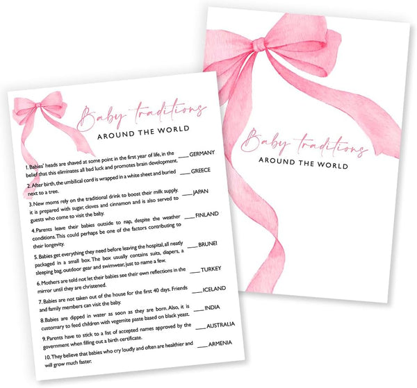 Baby Traditions Around The World Shower Game, 25 Ready-to-Play Pink Bow Cards