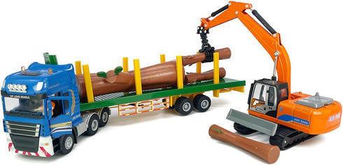 2 1 Playset Timber Transport Truck Log Trailer with Loading Wood Grab Logging Flatbed Truck Toy Carrier Semi Tow Trucks
