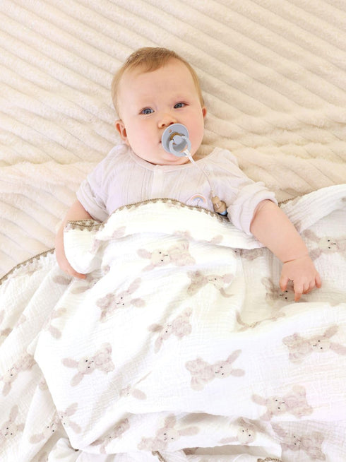 Gunnaicat 100% 40x40 Inch Double Layered Cotton Muslin Baby Blanket Ultra-Soft Swaddling Nursery Crib Blanket(Bunny)