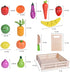 35PCS FUN LITTLE TOYS Wooden Play Food for Kids Kitchen, Pretend Cutting Food Toys with Wooden Tray, Dishes and Knife