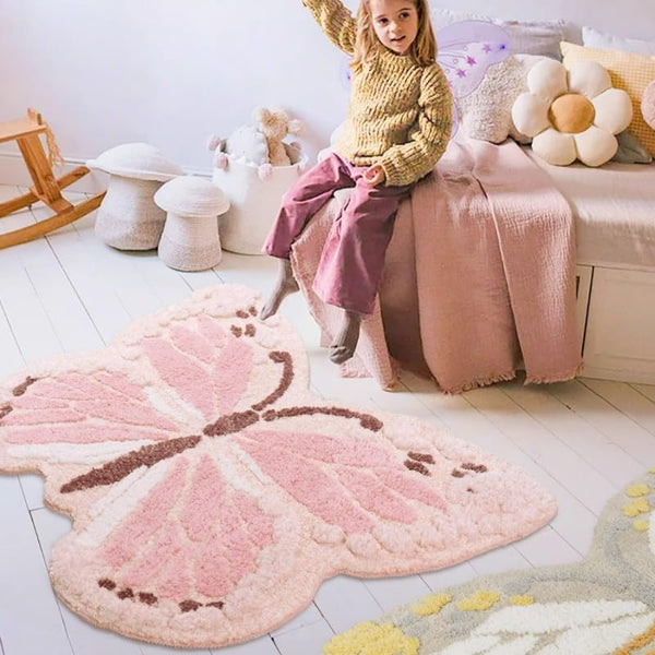 Poowe Butterfly Kids Rug for Girls Bedroom, Colorful Washable Nursery Rugs, Soft Area