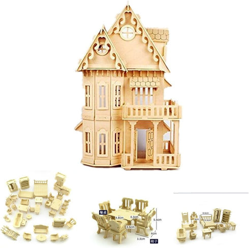 NWFashion 17" Wooden Dream Dollhouse 2 Floors with Furnitures DIY Kits for