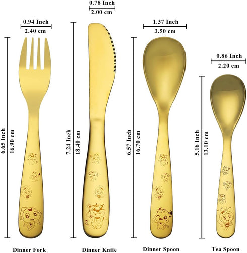 Berglander Gold Toddler Utensils 4 Pieces Golden Titanium Plating Kids Silverware Set, Children Safe Forks and Spoons Flatware, Mirror Polished Smooth Round Edage Cutlery Sets, Dishwasher Safe by Berglander