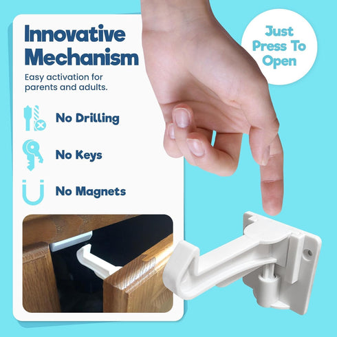 Upgraded Invisible Baby Proofing Cabinet Latch Locks - 10 Pack, No Drilling Required, Works with Most Cabinets