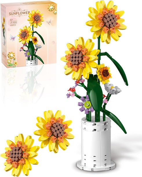 AMSHINE Sunflower Bouquet Building Block Set, Flower with Vase Building Toys, Home Garden