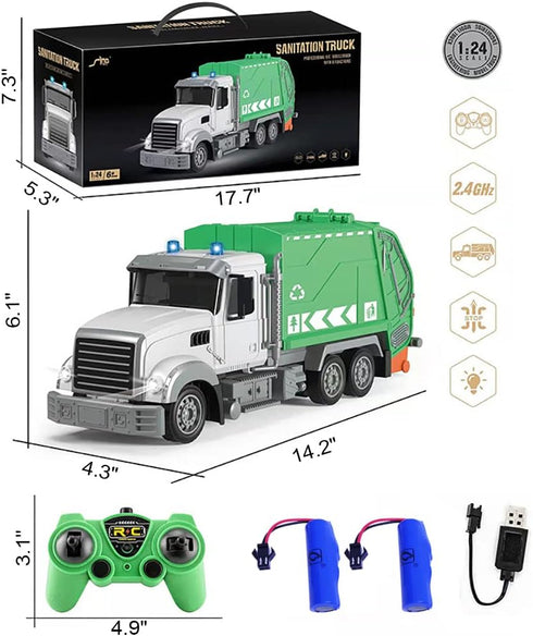 2.4G RC Garbage Truck Toy with Lights, 6 Channel Remote Control Waste Management Truck with 2 Rechargeable Batteries