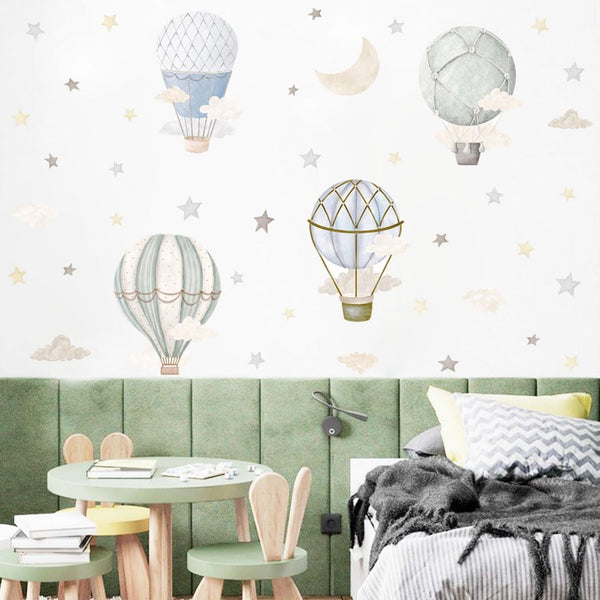 YIMEHDAN Watercolor Hot Air Balloon Wall Decals, Stars Clouds Balloon Vinyl Wall Stickers,