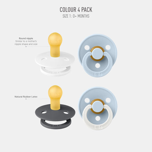 4-Pack 0-6 BIBS Color Pacifiers | BPA Free Soother Pacifier | Round Nipple | Natural Rubber Latex | Made in Europe |