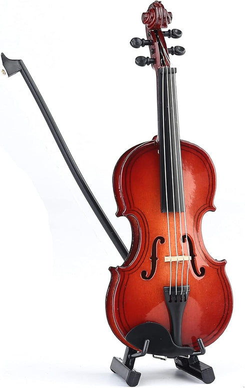 Dselvgvu Wooden Miniature Violin with Stand, Bow & Case - Mini Musical Instrument Dollhouse Model Decoration