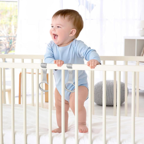 Dranvosk 4Pcs Baby Pull Up Rings for Playpen & Crib, Portable Infant Walking Assistant with Safety Stand, Universal
