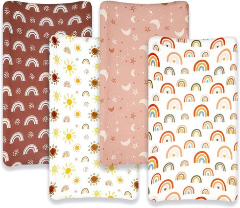 Jola's House 4 Pack Boho Nursery Sheets - Sunshine and Rainbow Design, Neutral Unisex Fitted Baby Changing Pad Cover