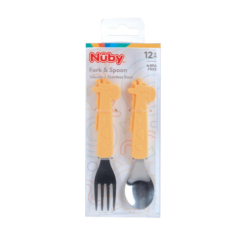 Nuby Animal Friends Silicone and Stainless Steel Fork and Spoon Set, 12+ Months, Yellow Giraffe