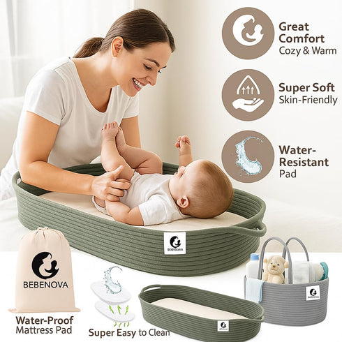 Generic BEBENOVA Baby Changing Basket with Waterproof Pad, Baby Diaper Caddy Organizer, Blanket & Cotton Bag, Portable